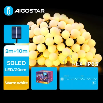 Aigostar - LED Ozdobny łańcuch solarny 50xLED/8 funkcji 12m IP65 ciepła biel