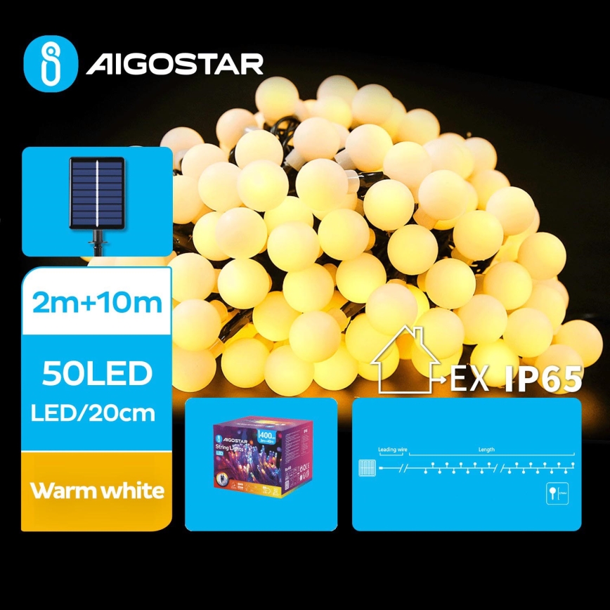 Aigostar - LED Ozdobny łańcuch solarny 50xLED/8 funkcji 12m IP65 ciepła biel