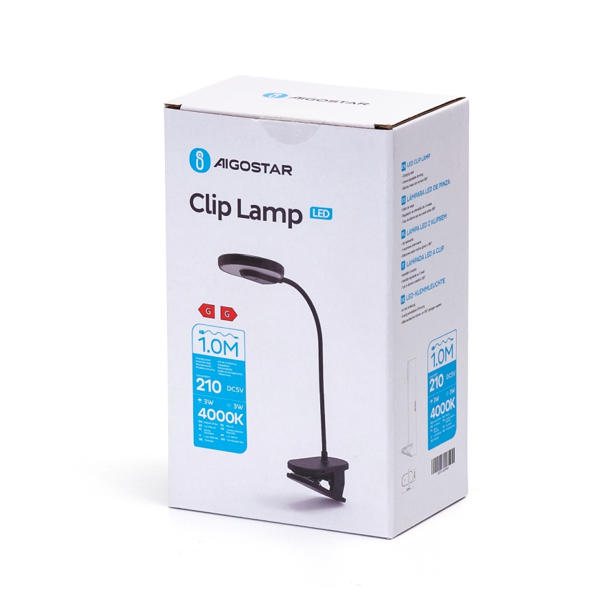 Aigostar - LED Ściemnialna lampa stołowa z klipsem LED/3W/5V 1800mAh czarna