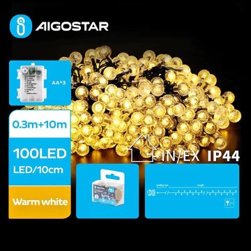 Aigostar - LED Zewnętrzny łańcuch bożonarodzeniowy 100xLED/3xAA/8 funkcji 10,3 m IP44 ciepła biel