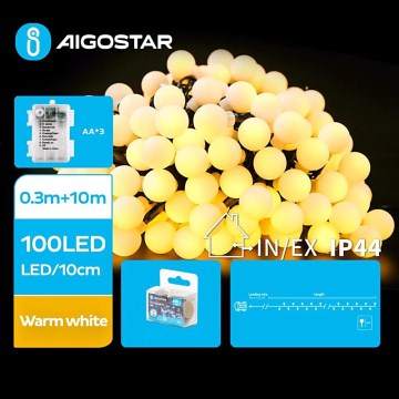 Aigostar - LED Zewnętrzny łańcuch bożonarodzeniowy 100xLED/3xAA/8 funkcji 10,3 m IP44 ciepła biel