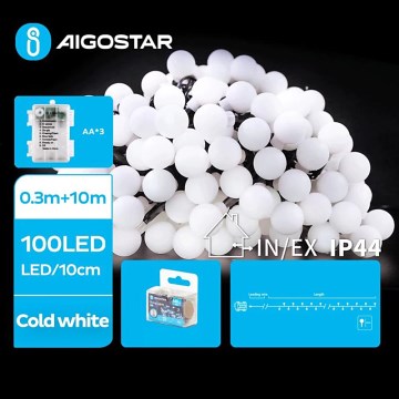 Aigostar - LED Zewnętrzny łańcuch bożonarodzeniowy 100xLED/3xAA/8 funkcji 10,3 m IP44 zimna biel