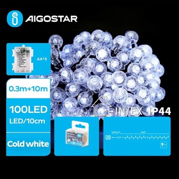 Aigostar - LED Zewnętrzny łańcuch bożonarodzeniowy 100xLED/3xAA/8 funkcji 10,3 m IP44 zimna biel