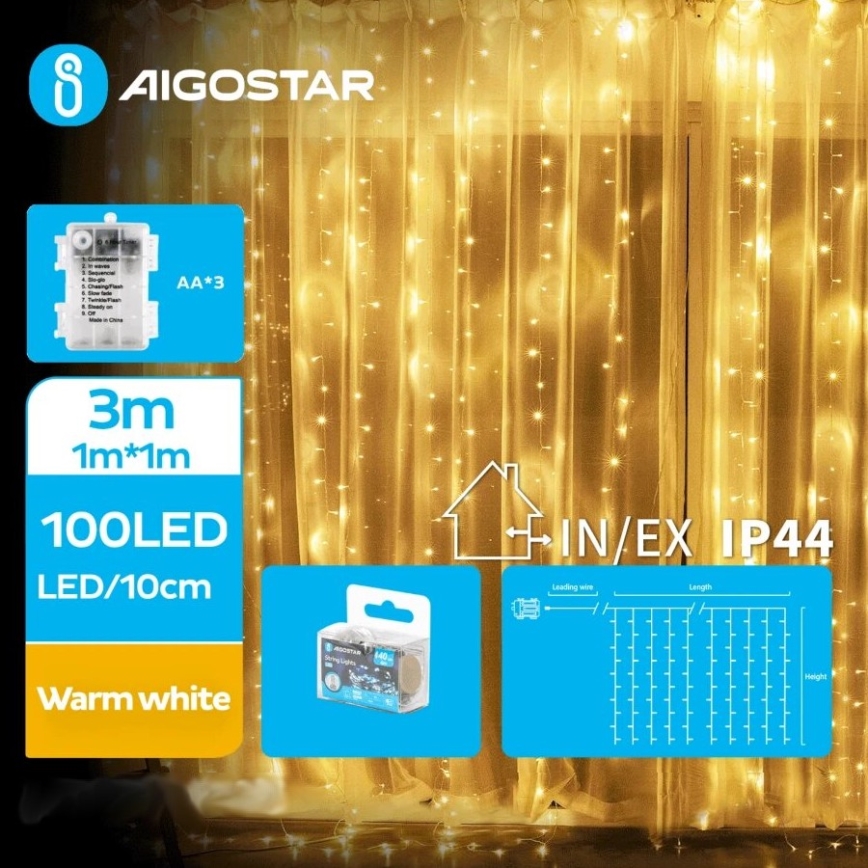 Aigostar - LED Zewnętrzny łańcuch bożonarodzeniowy 100xLED/8 funkcji 3xAA 4x1m IP44 ciepła biel