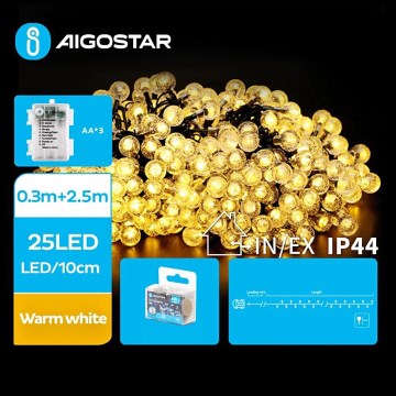 Aigostar - LED Zewnętrzny łańcuch bożonarodzeniowy 25xLED/3xAA/8 funkcji 2,8 m IP44 ciepła biel