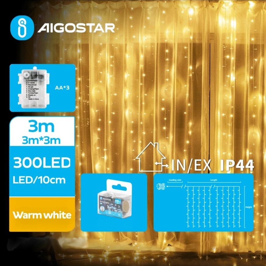 Aigostar - LED Zewnętrzny łańcuch bożonarodzeniowy 300xLED/8 funkcji 3xAA 6x2m IP44 ciepła biel