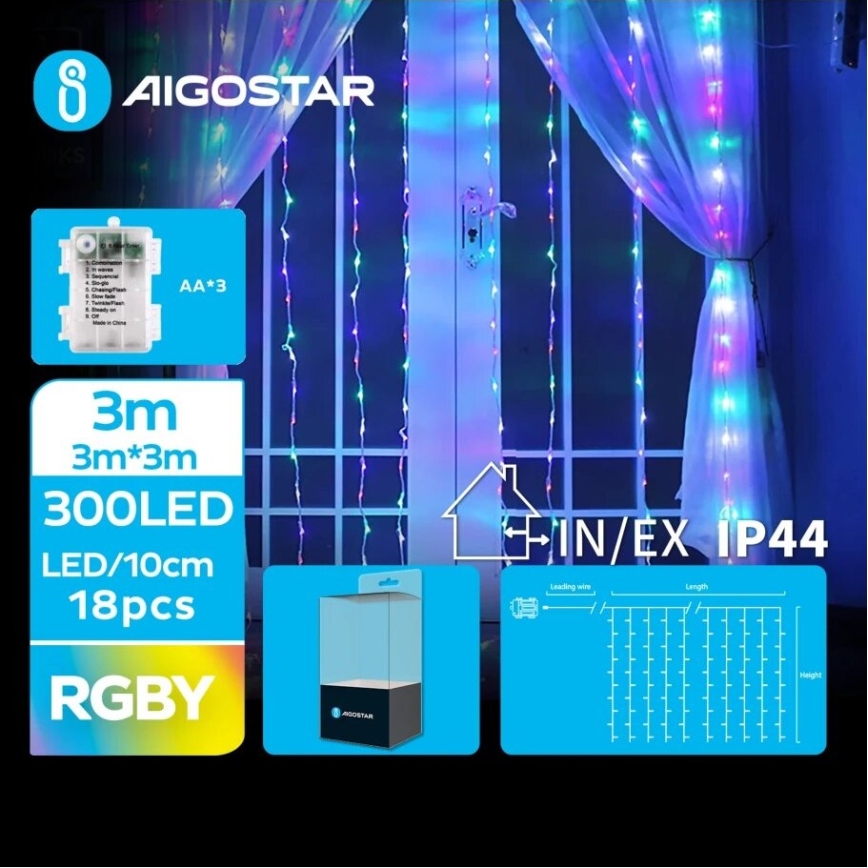 Aigostar - LED Zewnętrzny łańcuch bożonarodzeniowy 300xLED/8 funkcji 3xAA 6x3m IP44 wielobarwny