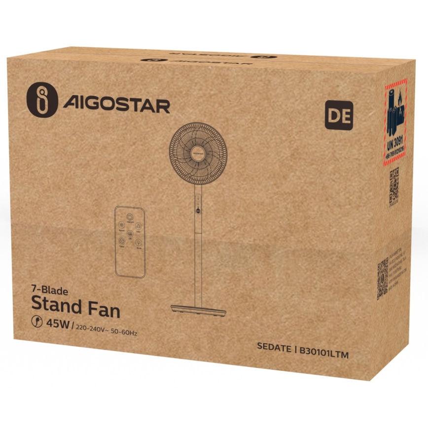 Aigostar - Wentylator podłogowy 45W/230V biały + pilot zdalnego sterowania