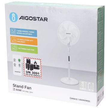 Aigostar - Wentylator podłogowy 60W/230V biały + pilot zdalnego sterowania