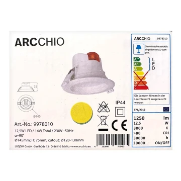 Arcchio - LED Łazienkowa oprawa wpuszczana ARIAN LED/12,5W/230V IP44