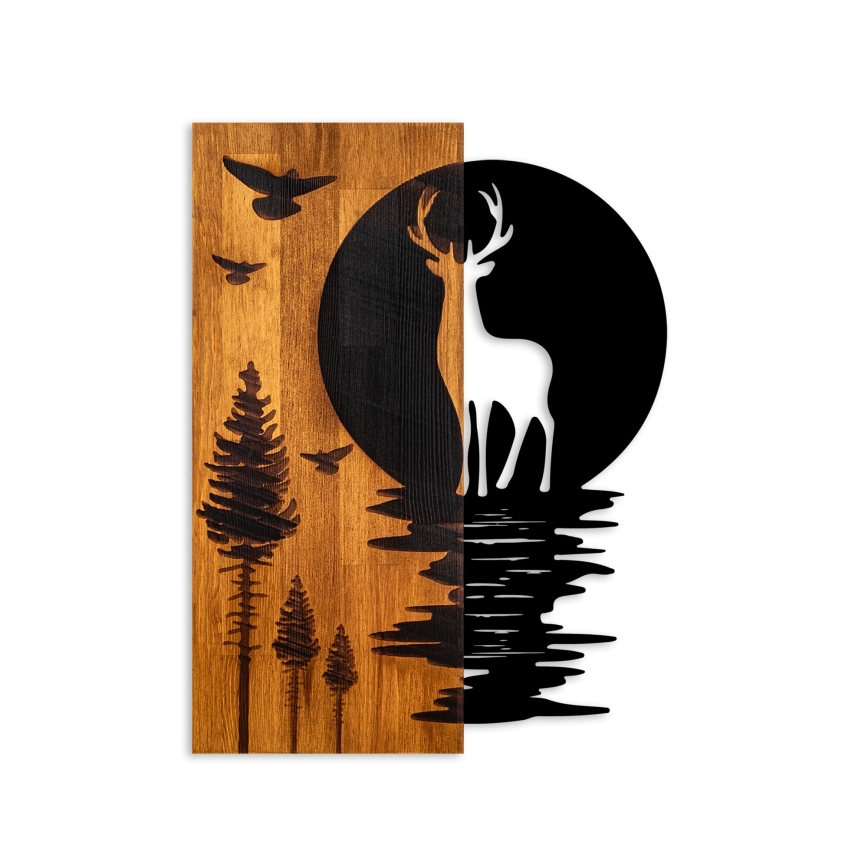 Dekoracja ścienna 43x58 cm jeleń i księżyc drewno/metal