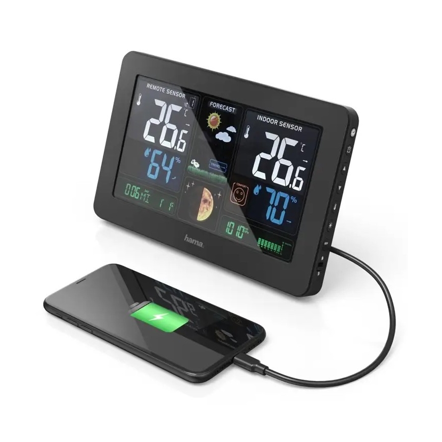 Hama - Stacja pogodowa z kolorowym wyświetlaczem LCD i budzikiem + USB czarna
