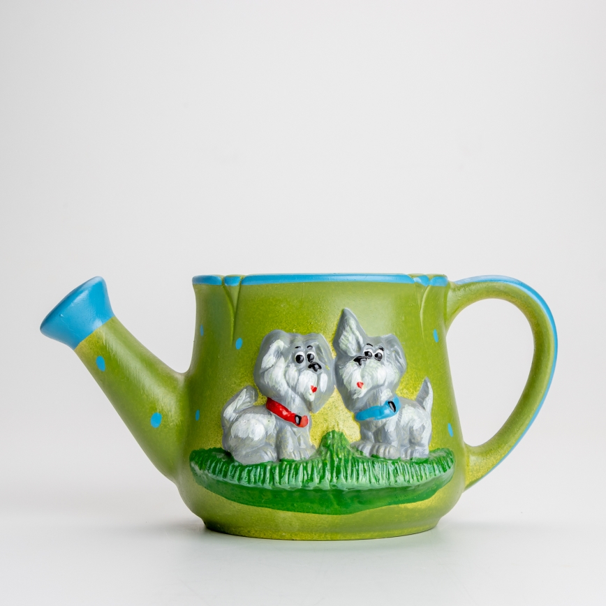Konewka ceramiczna z motywem psów zielony