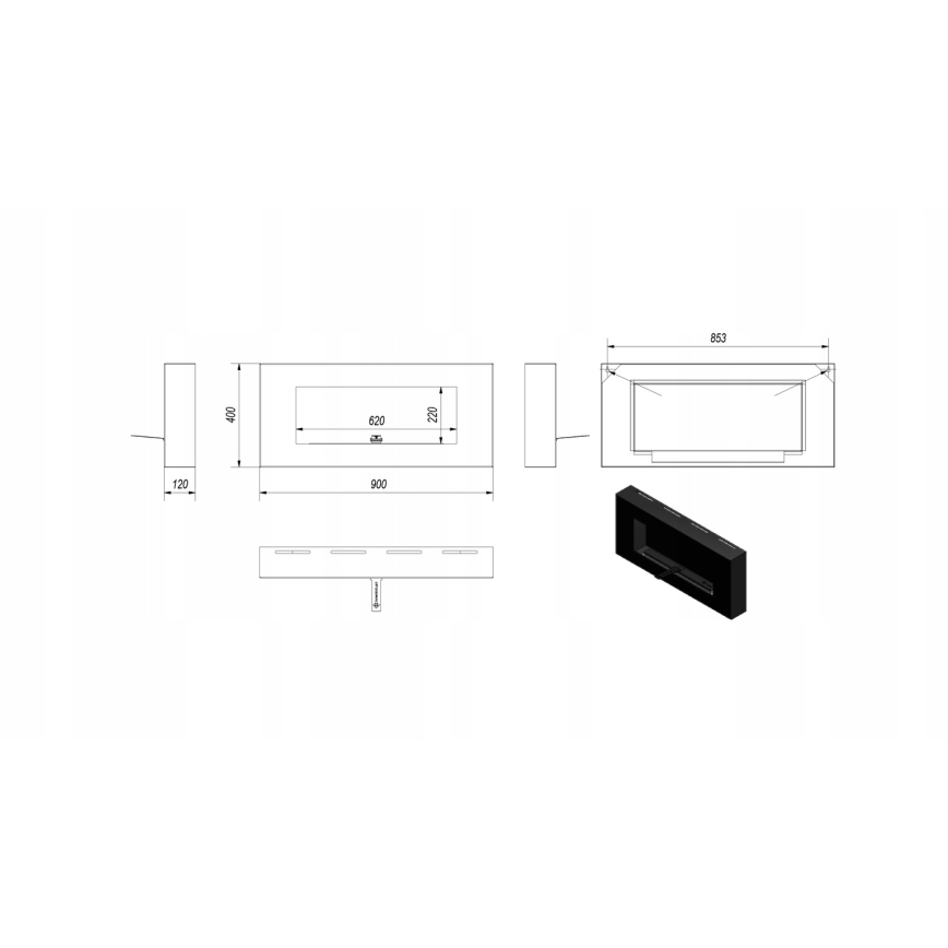 Kratki - Ścienny BIO kominek 40x90 cm 1,5kW czarny