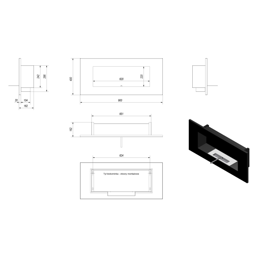 Kratki - Wbudowany BIO kominek 40x90 cm 2kW czarny