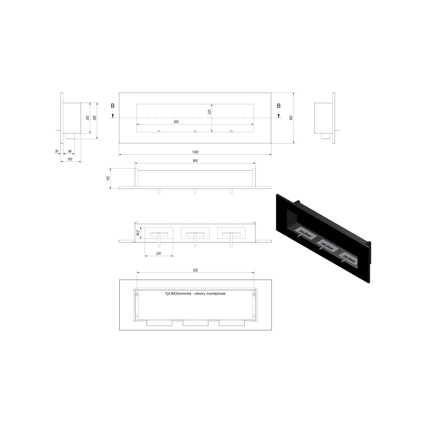 Kratki - Wbudowany BIO kominek 40x120 cm 3x1,1kW czarny