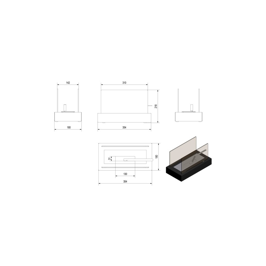 Kratki - BIO kominek 21,8x35,4 cm 1kW czarny