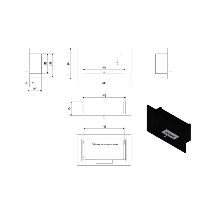 Kratki - Wbudowany BIO kominek 37,4x64,8 cm 1kW czarny