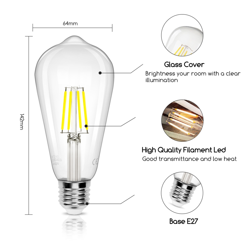 LED Żarówka FILAMENT ST64 E27/6W/230V 6500K - Aigostar