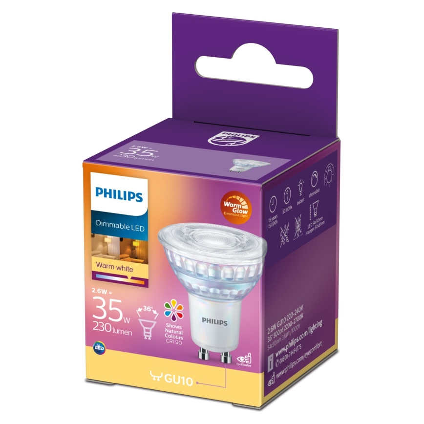 LED Żarówka ściemnialna Philips Warm Glow GU10/2,6W/230V 2200-2700K CRI 90