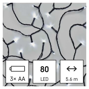 LED Zewnętrzny łańcuch bożonarodzeniowy 80xLED/3xAA 6,1m IP44 zimna biel