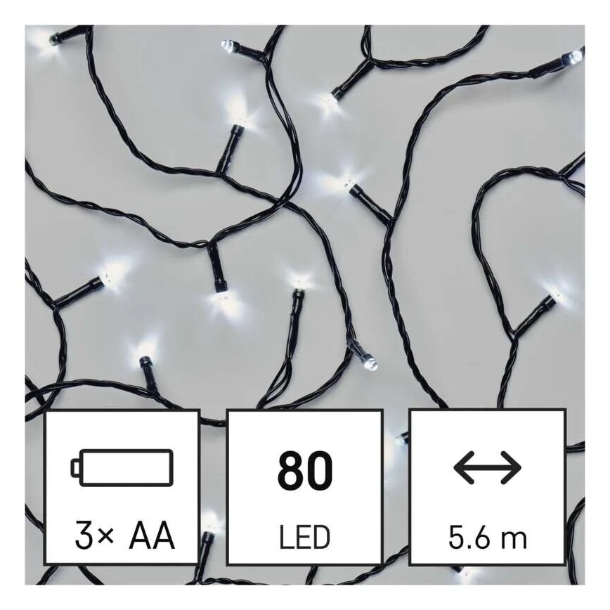 LED Zewnętrzny łańcuch bożonarodzeniowy 80xLED/3xAA 6,1m IP44 zimna biel