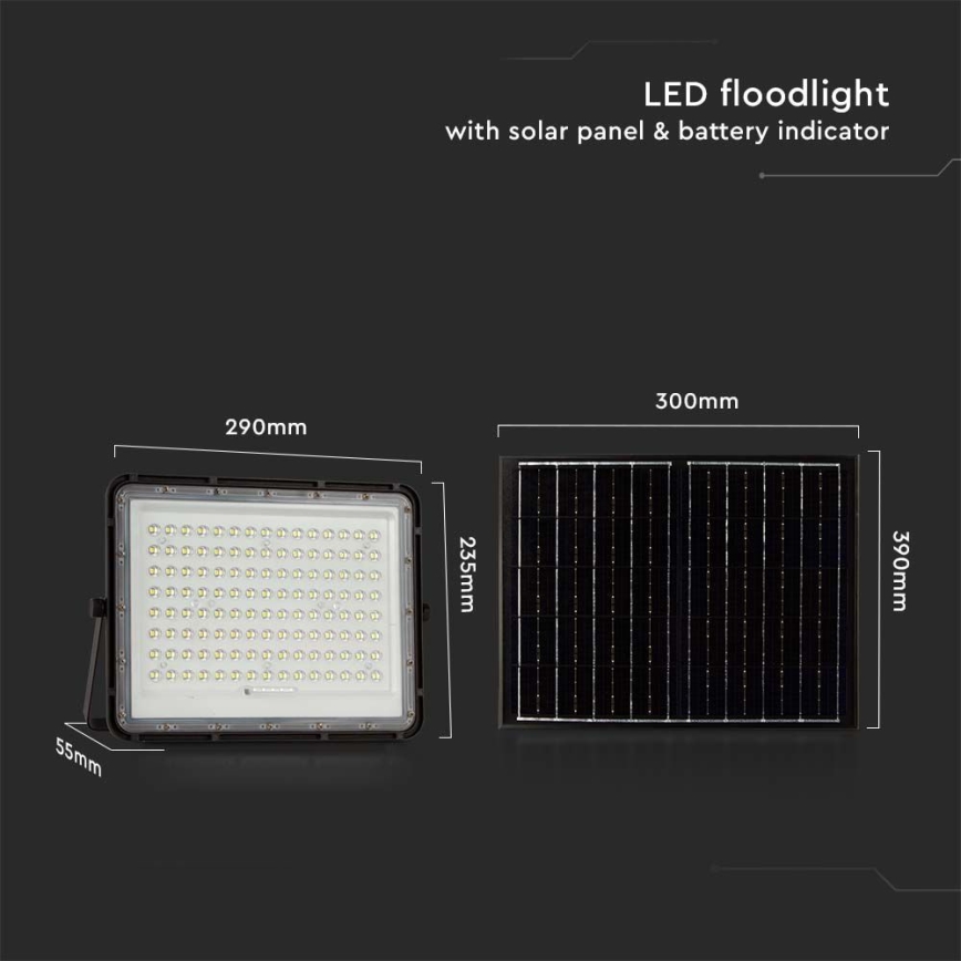 LED Zewnętrzny naświetlacz solarny LED/200W/3,2V 4000K czarne IP65 + Pilot zdalnego sterowania