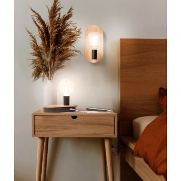 Ledvance - Dotykowa lampa stołowa z konektorem USB DECOR WOOD 1xE27/8W/230V figowiec