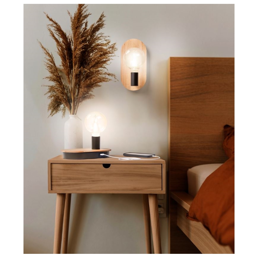 Ledvance - Dotykowa lampa stołowa z konektorem USB DECOR WOOD 1xE27/8W/230V figowiec