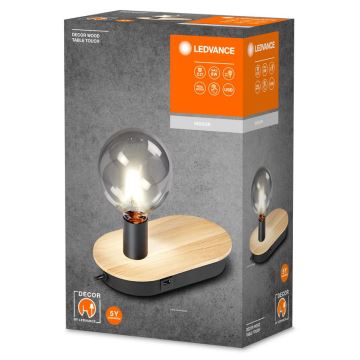 Ledvance - Dotykowa lampa stołowa z konektorem USB DECOR WOOD 1xE27/8W/230V figowiec