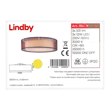 Lindby - LED Plafon ściemnialny AMON 3xLED/12W/230V