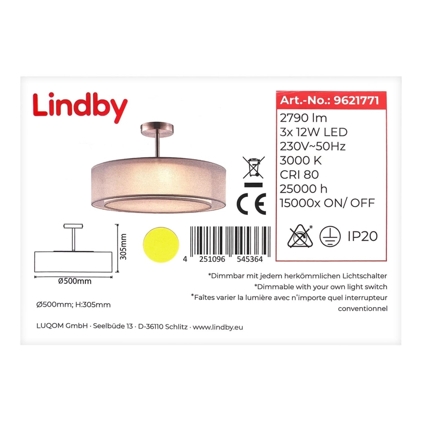 Lindby - LED Ściemnialny żyrandol na drążku PIKKA 3xLED/12W/230V