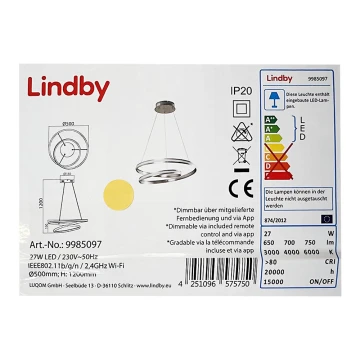 Lindby - LED Żyrandol ściemnialny na lince SMART VERIO LED/27W/230V 3000/4000/6000K + pilot