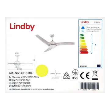 Lindby - Wentylator sufitowy EMANUEL 2xE14/42W/230V + pilot