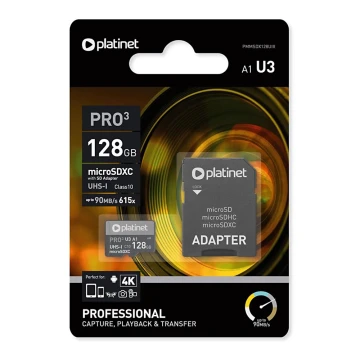 MicroSDXC 128 GB U3 Pro A1 90 MB/s + adapter SD