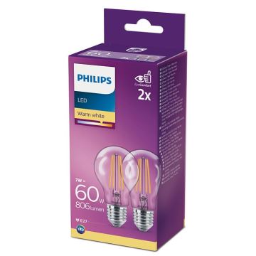 PACK 2x LED Żarówka Philips A60 E27/7W/230V 2700K