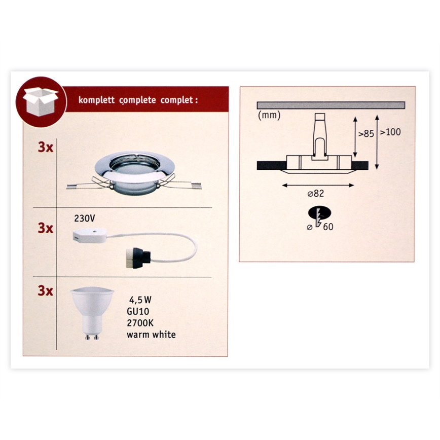 Paulmann 93657 - ZESTAW 3x LED/GU10/4,5W Oprawa wpuszczana 230V