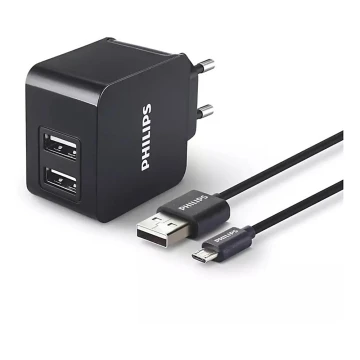 Philips DLP2307U/12 - Adapter do ładowania 2xUSB/15,5W/230V + kabel micro USB 1m