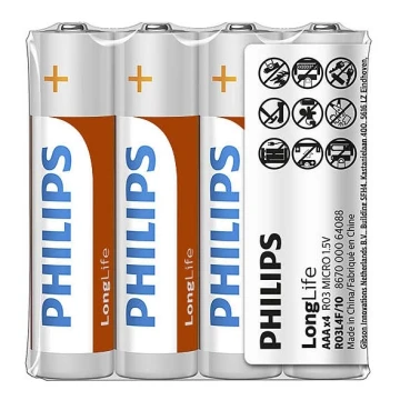 Philips R03L4F/10 - 4 szt. Bateria Cynkowo-chlorkowa AAA LONGLIFE 1,5V 450mAh