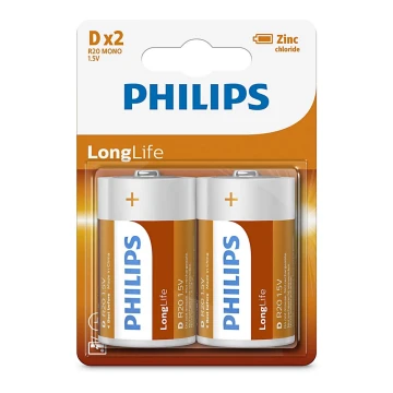 Philips R20L2B/10 - 2 ks Bateria Cynkowo-chlorkowa D LONGLIFE 1,5V 5000mAh
