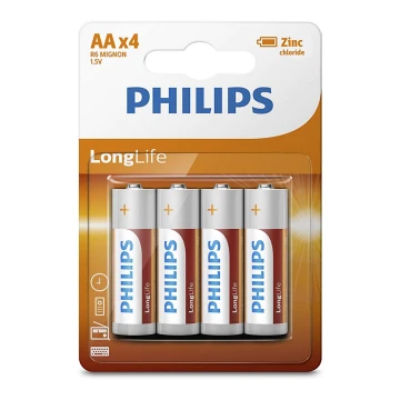 Philips R6L4B/10 - 4 szt. Bateria Cynkowo-chlorkowa AA LONGLIFE 1,5V 900mAh