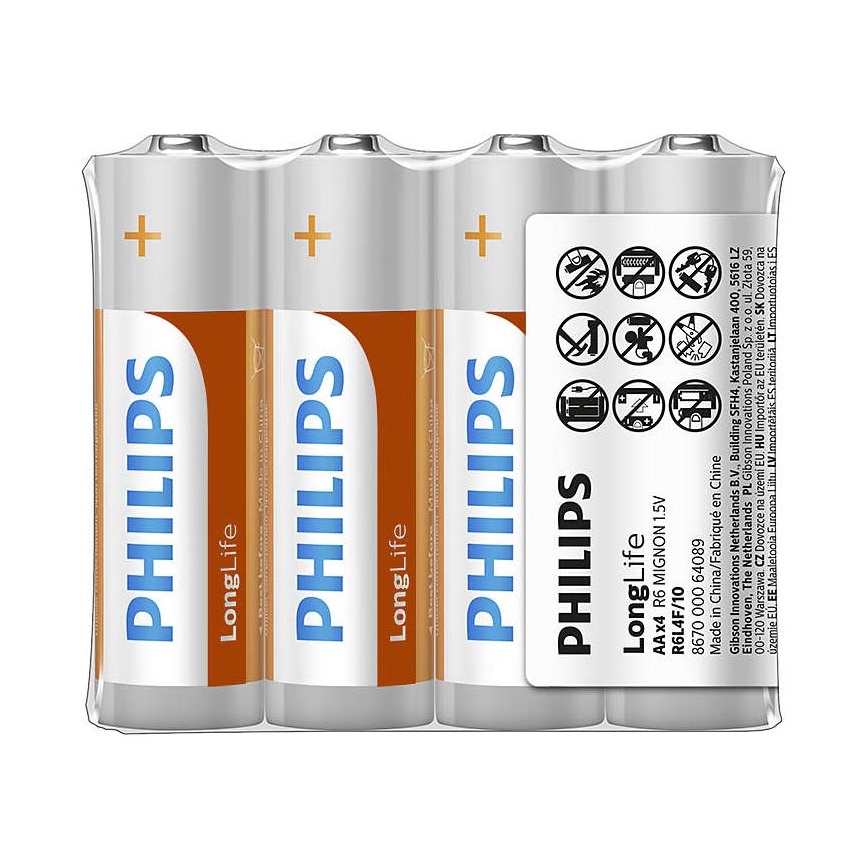 Philips R6L4F/10 - 4 szt. Cynkowo-chlorkowa AA LONGLIFE 1,5V 900mAh