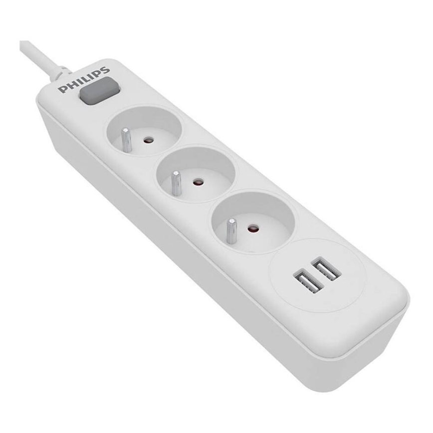 Philips SPN3032WA/60 - Przedłużacz z wyłącznikiem 3Z + 2xUSB-A 2m biały