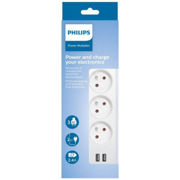 Philips SPN3032WA/60 - Przedłużacz z wyłącznikiem 3Z + 2xUSB-A 2m biały