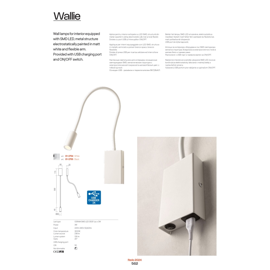 Redo 01-2754 - LED Kinkiet WALLIE LED/3W/230V USB CRI 90 biały