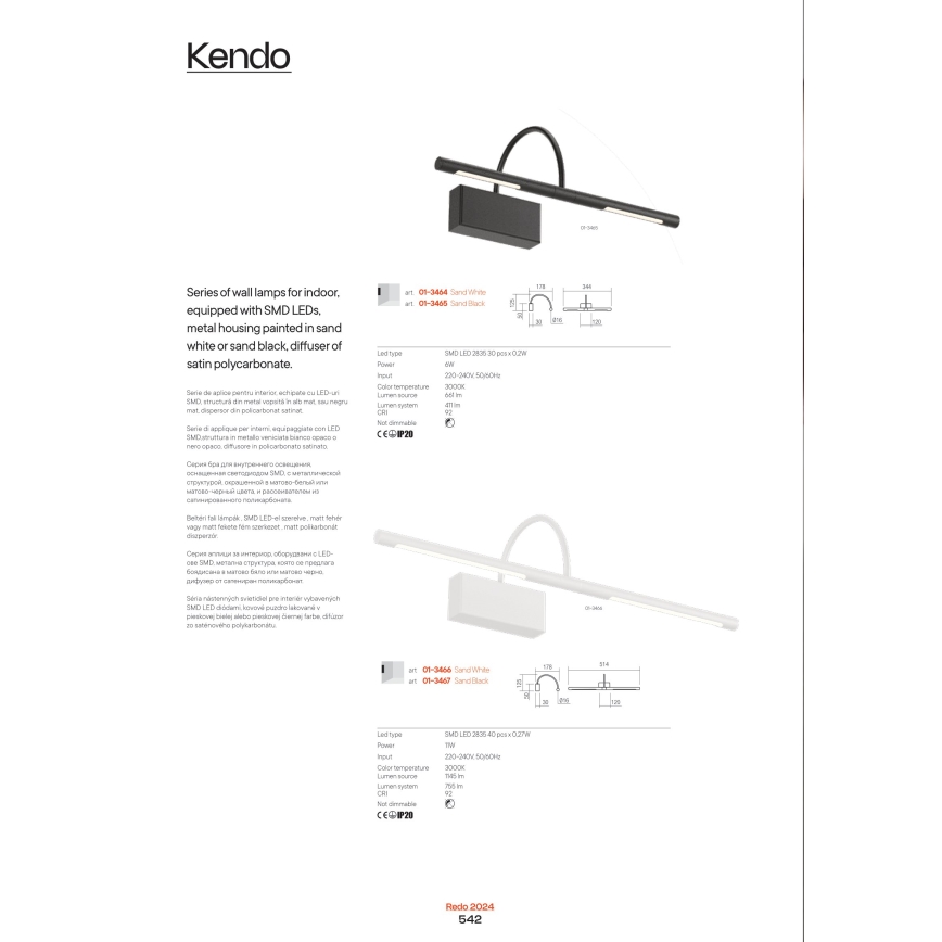 Redo 01-3465 - LED Kinkiet galeryjka KENDO LED/6W/230V 34,4 cm CRI 92 czarny