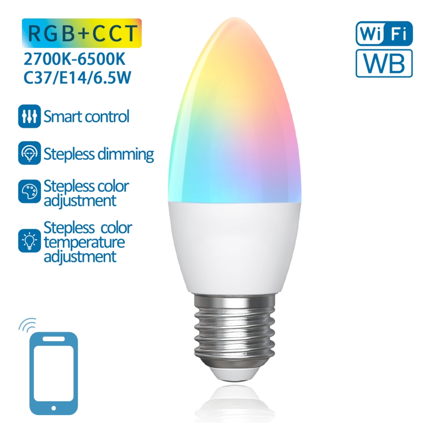 Ściemniana żarówka LED RGBW C37 E27/6,5W/230V 2700-6500K Wi-Fi - Aigostar