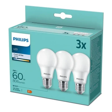 SET 3xLED Żarówka Philips A60 E27/8W/230V 4000K