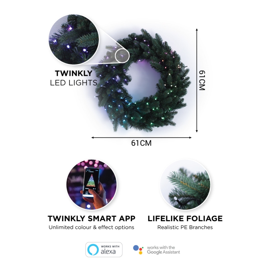 Twinkly - LED RGB Ściemnialny wieniec bożonarodzeniowy PRE-LIT WREATH 50xLED śr. 61cm Wi-Fi