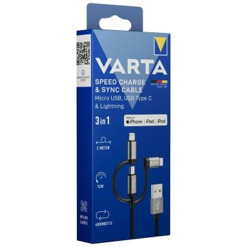 Varta 57937101111 - Kabel USB 3w1 z konektorem Lightning i Micro USB 2m
